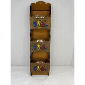 Vintage Wooden Wall Mail Organizer 3 Tier Fruit Painted Letters Bills Misc Keys
